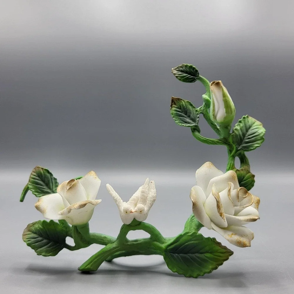 Vintage Metal And Porcelain Floral Figurine White Dove Shelf Decor